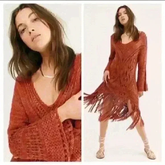 Free People NWT Autumn Constellation Mars Fringe Knit Crochet Sweater Dress XS - Picture 6 of 13